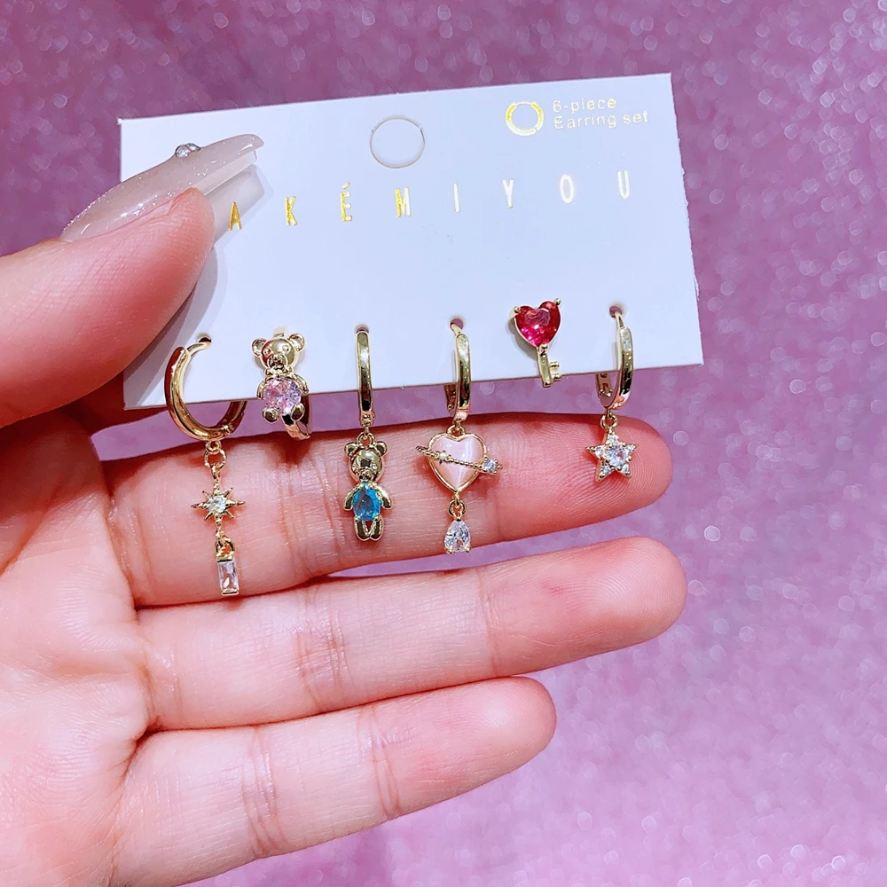 MIGGA 6pcs Mix Design Anime Cartoon Dangle Earrings Set Gold Color Cubic Zircon Women Girls Gift Jewelry 2
