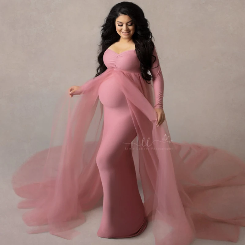 Pregnancy Photo Shoot Boho Lace Maternity Photography Props Dresses Free Size Adjustable Bohemian Long Dress Pink