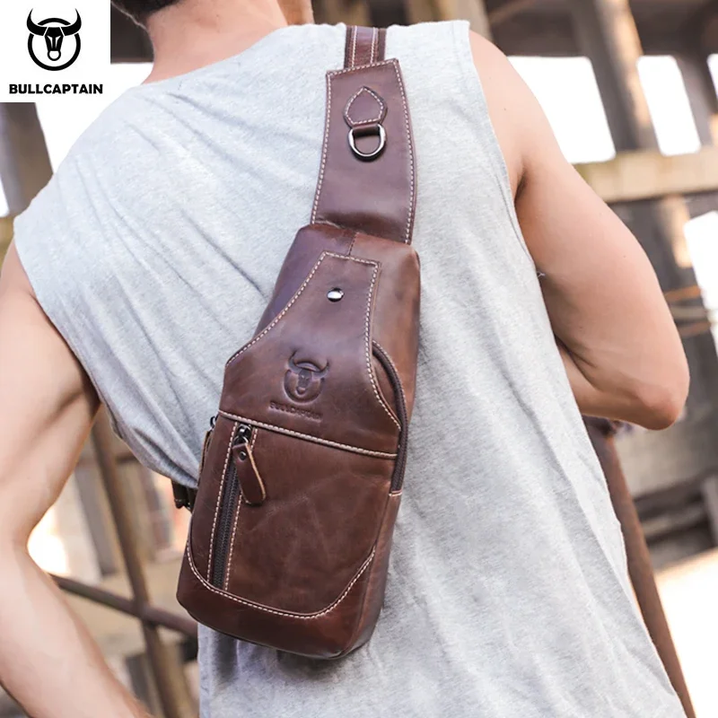 BULLCAPTAIN  Leather Messenger Bags Men's Casual Bag For Men Chest Bag Brand Designer Multi-Function Headphone Jack Chest Pack