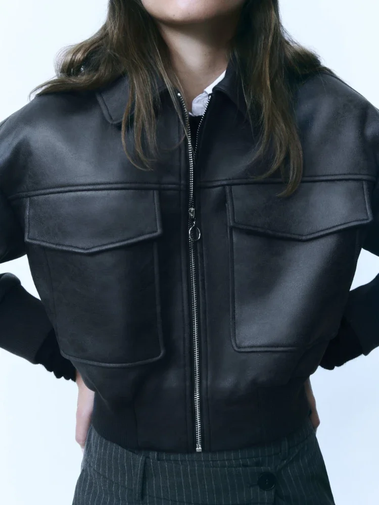 

FTLZZ New Spring Autumn Women Streetwear Loose Motorcycle PU Coat Female Fashion Casual Big Pockets Faux Leather Short Jacket
