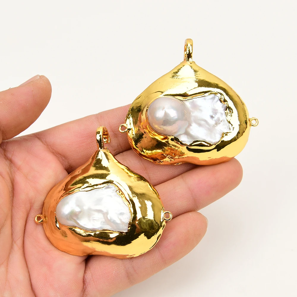 

APDGG 2 Pcs Natural Big White Baroque Pearl 24K Yellow Gold Plated Connector Pendant Necklace Keshi Pearl Jewelry Making DIY