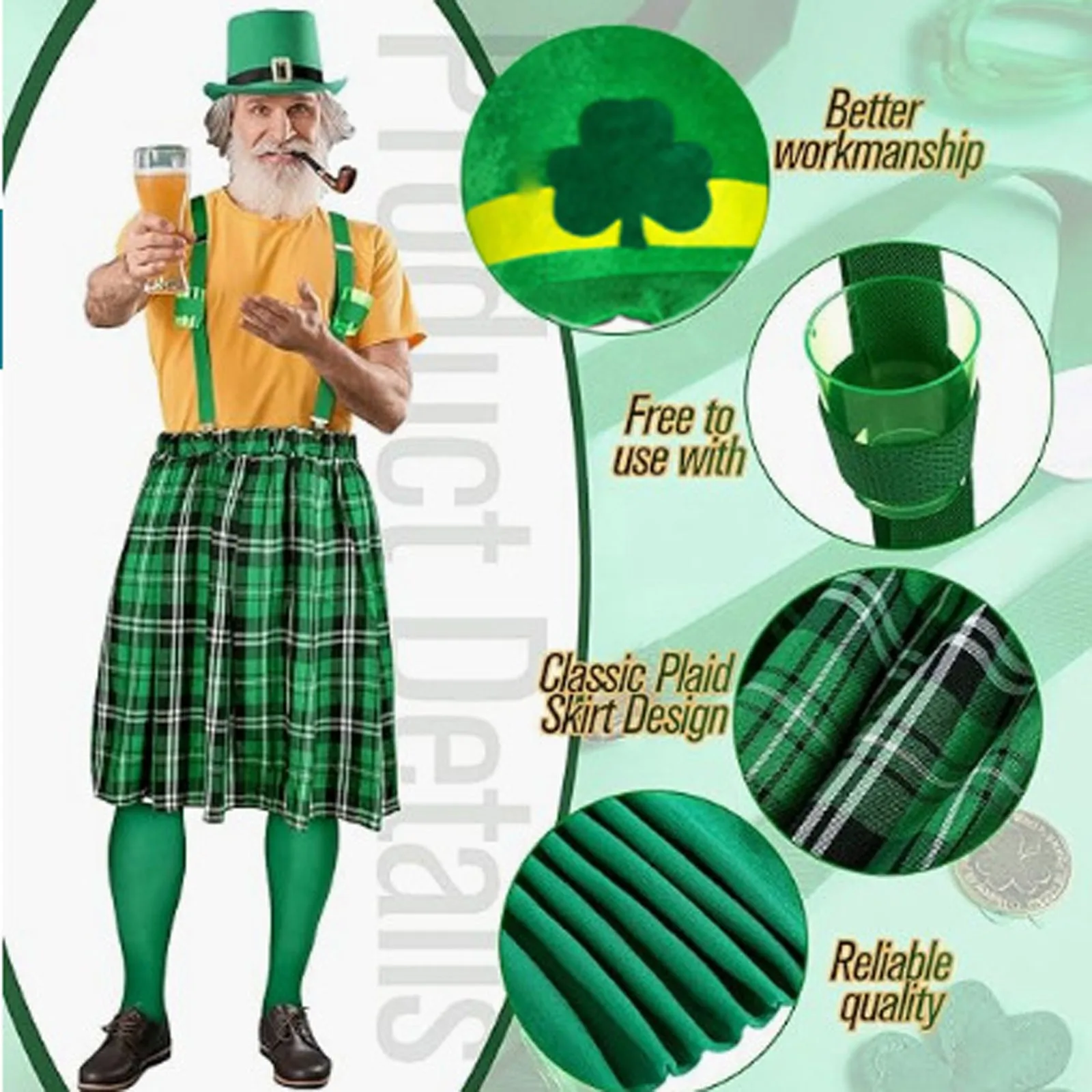 Ireland St. Patrick's Day Waiter Cosplay Costumes Green Plaid Dress Top Hat Accessories Suit Saint Patrick Holiday Party Costume