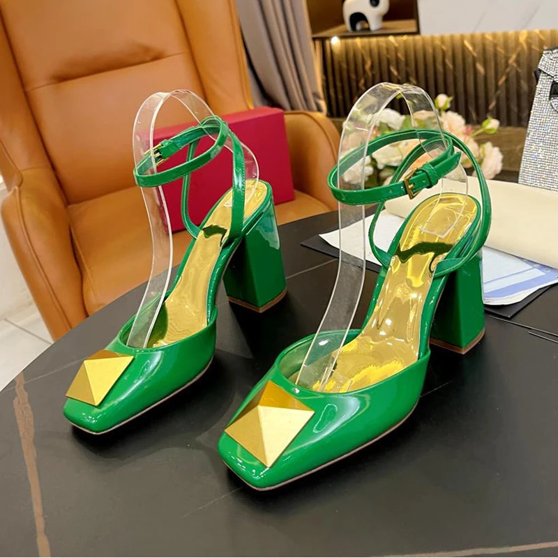 

Female Sandals Summer 2024 New Mixed Colors Metal Rivet Decor High Heel Sandals Patent Leather Material Square Toe Women's Pumps