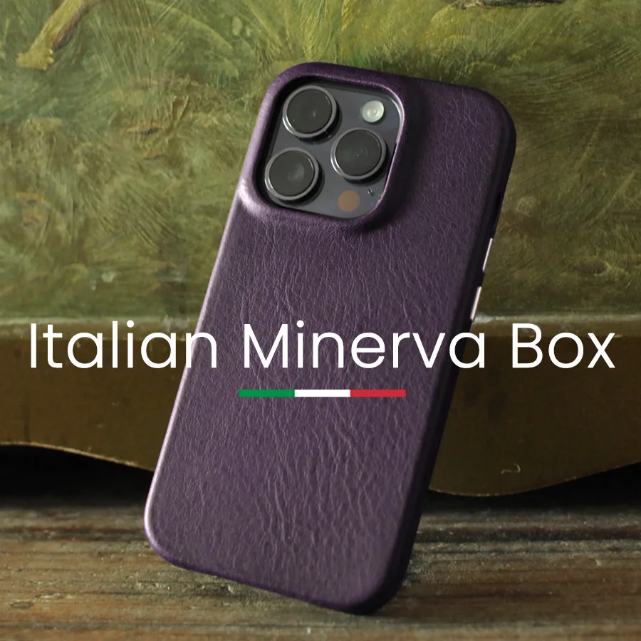 Italian Minerva Box Genuine Leather Case for iPhone 14 Pro Max Plus Handmade Luxury Business Cowhide Phone Cover