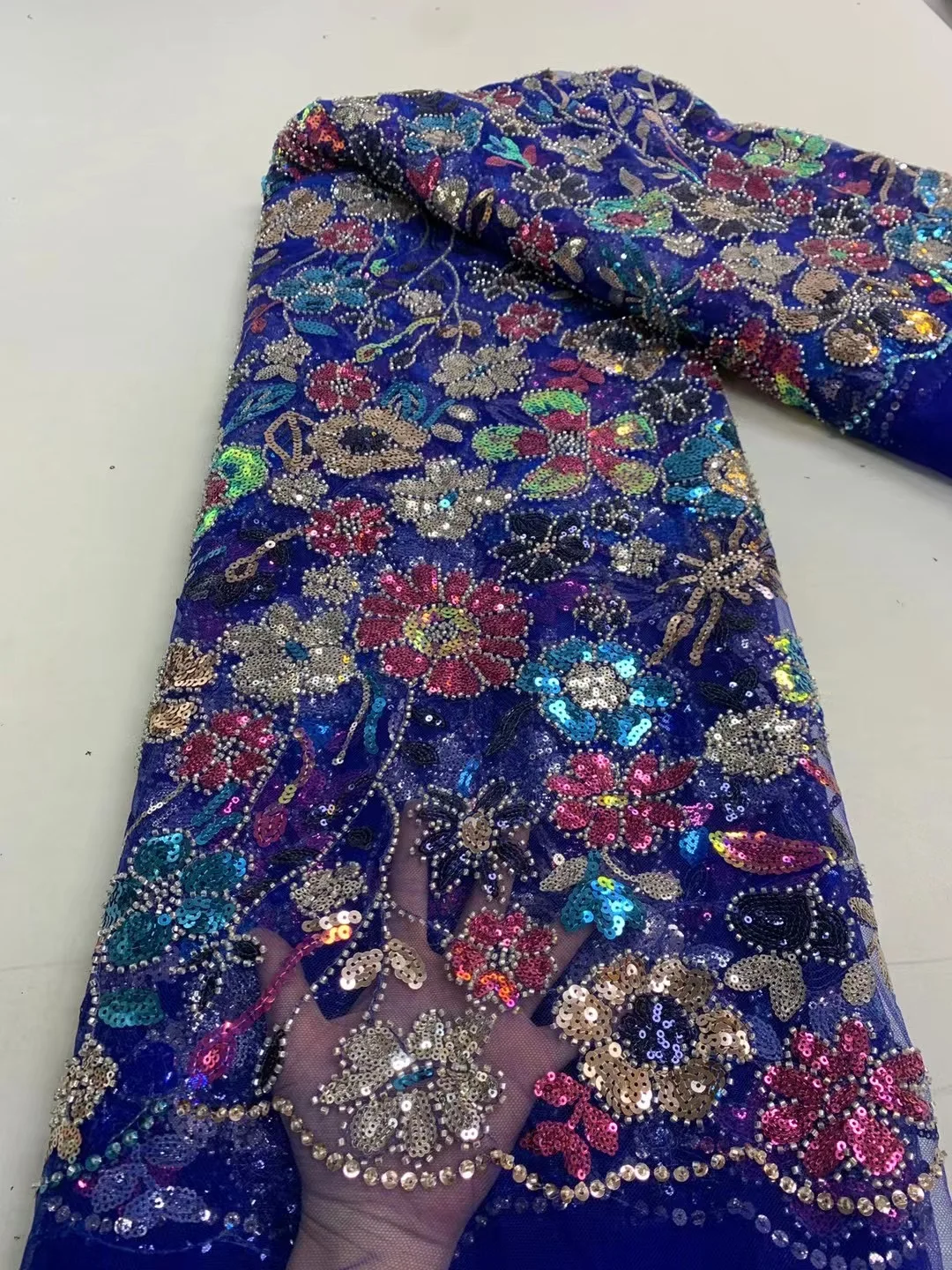 

Royal Blue Nigerian Luxury Handmade Sequins Tulle Fabric French 2023 High Quality Beaded Lace Fabric For Evening Party Dress Sew
