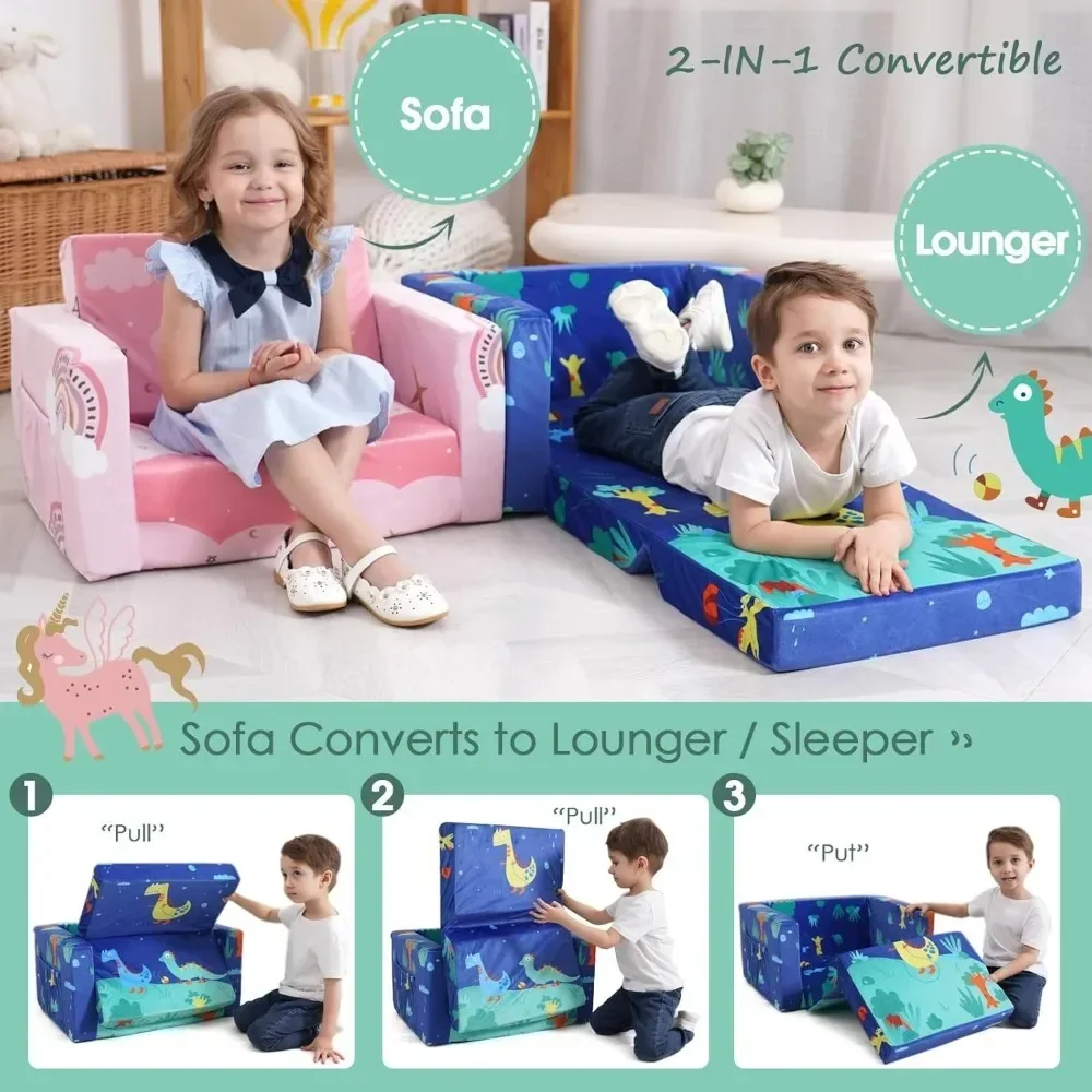 Kids Couch: Toddler Sofa Bed Fold Out for Gilrs Boys Baby Flip Out Convertible Lounge Chair Dinosaur 3