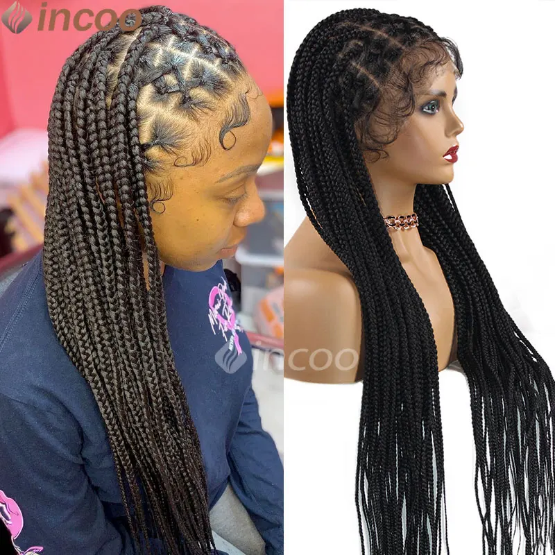 

36'' Box Braided Wigs Full Lace for Black Women Criss Cross Long 360 Lace Front Box Braids Wig Synthetic Braid Lace Frontal Wigs