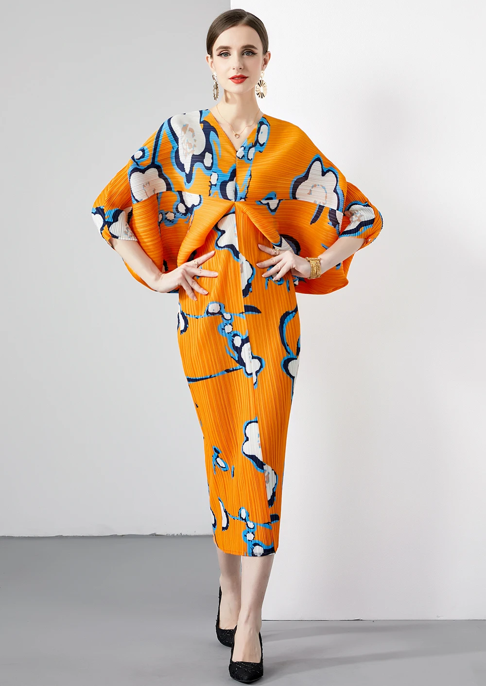 

New Pleated Flower Batwing Half Sleeve Printed V-Neck Dress Summer High Waist Contrast Panel Slim Fit Party Midi Dress