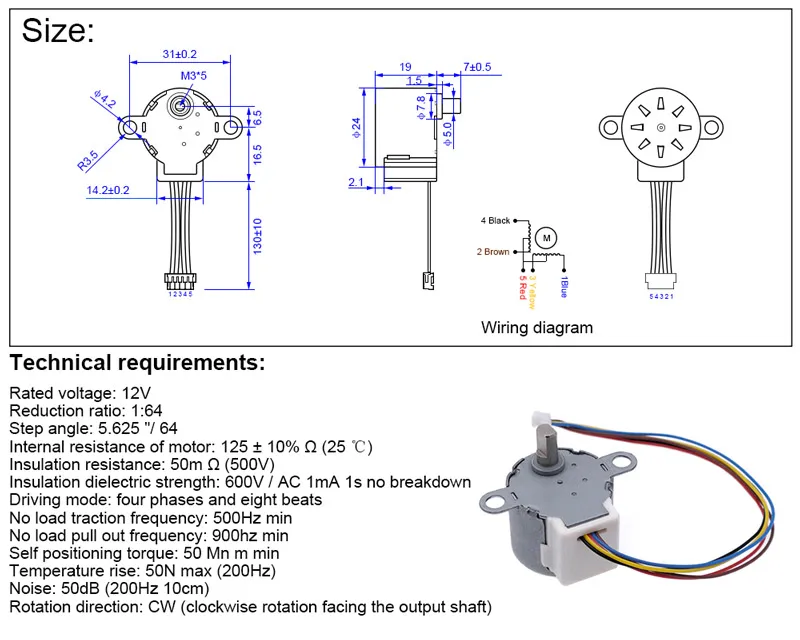 Description Picture 3 of item24BYJ48 wireless camera monitor gimbal motor, 4-phase 5-wire DC 5V deceleration stepper motor