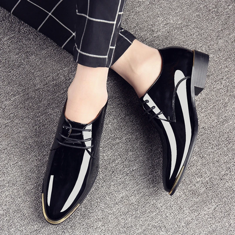 Men&rsquo;s Patent Leather British Style Lace Up Pointed Toe Dress Shoes Wedding Business Party Social Shoe