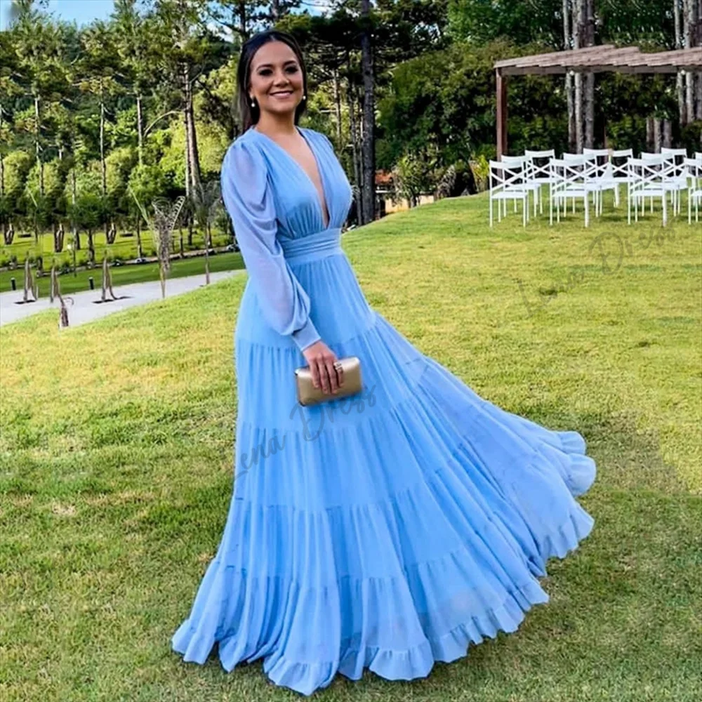 

Lena-Elegant fluffy sleeved evening gown V-neck multi-layer ball gown 2024 and floor length Vestidos De Noche