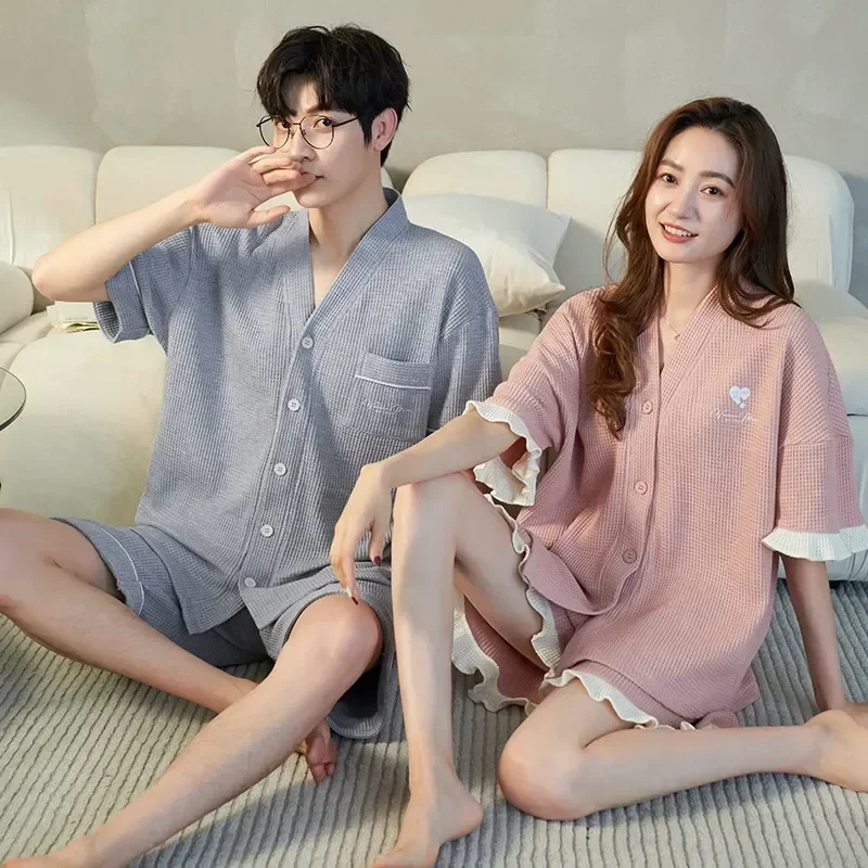 

Fashion Couple's Waffle for Pijamas Korean Summer Casual Pajama Sets New Sleepwear Cotton Young Loungewear Pajamas Shorts