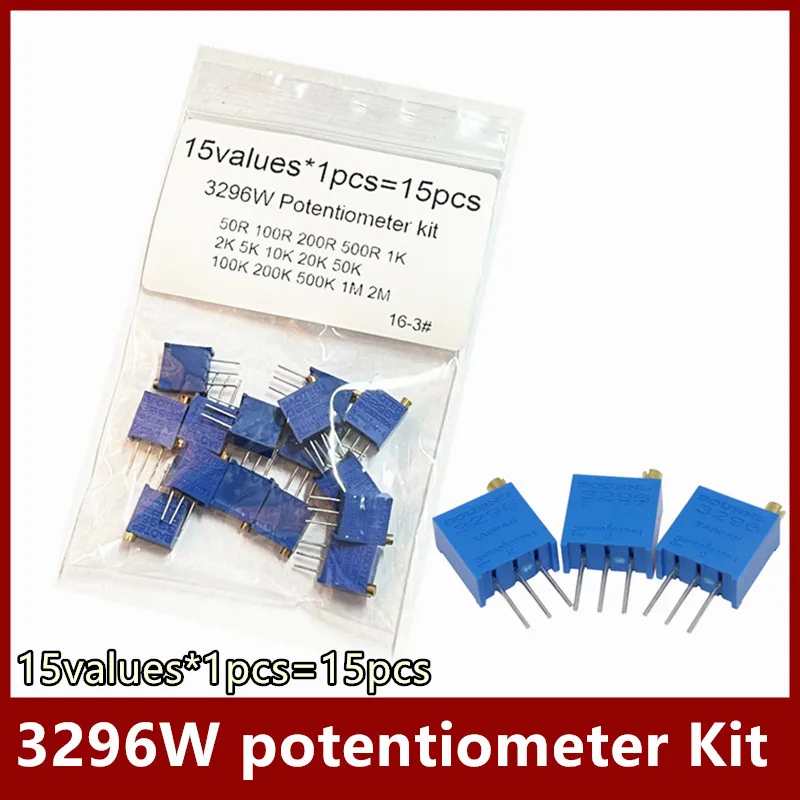 15values*1pcs=15pcs 3296W adjustable potentiometer Kit contains 3296 50R 100R 200R 500R 1K 2K 5K 10K 20K 50K 100K 200K 1M 2M ohm