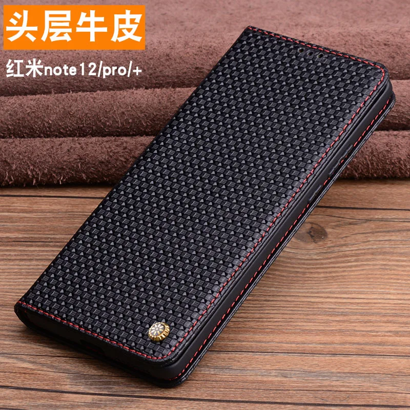 Luxury Genuine Leather Magnet Clasp Phone Case For Xiaomi Redmi Note 12 Pro +plus Kickstand Holster Cover Protective Full Funda