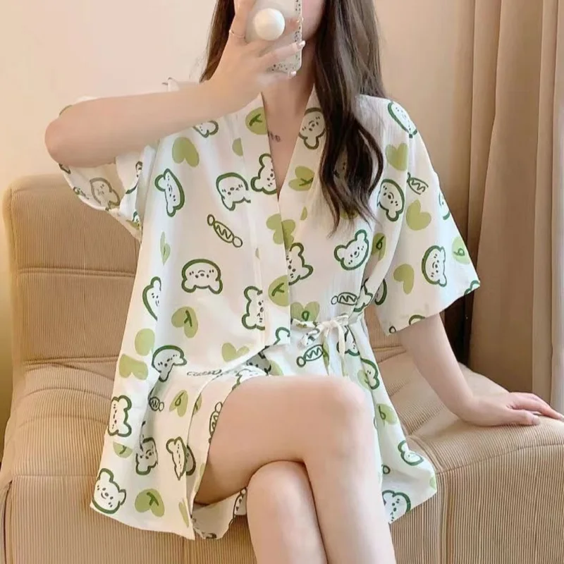 Summer Kimono Sleepwears for Women Girls Cute Pjamas Set Roomwear Homesuit Kawaii Nightgowns Japan Style Party Nightshirts Ins