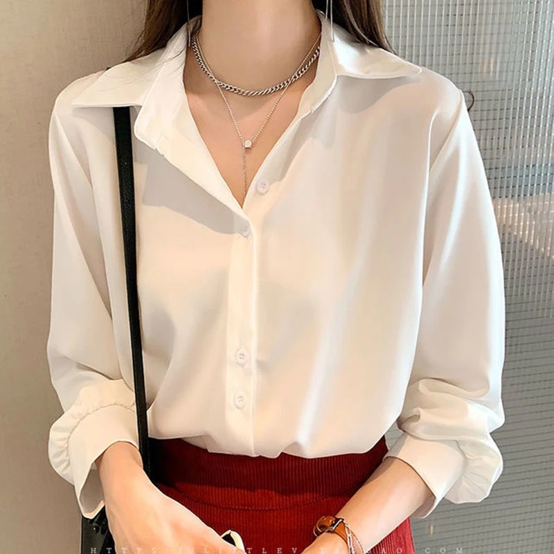 

Gidyq Casual Chiffon Shirt Women Korean Fashion Loose Office Ladies Long Sleeve Summer All Match Solid Female Lapel Top New
