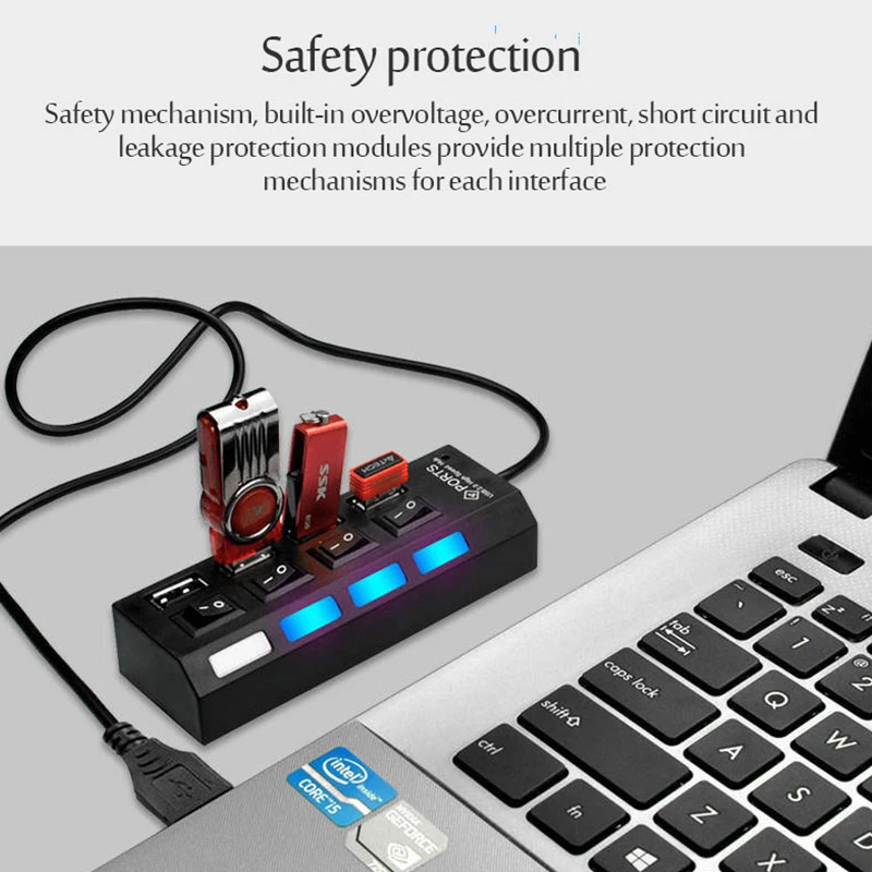 USB Hub Adapter 7 Port 2.0 Multi Splitter Power Adapter 4/7 Port Multiple Expander 3.0 with Switch Cable