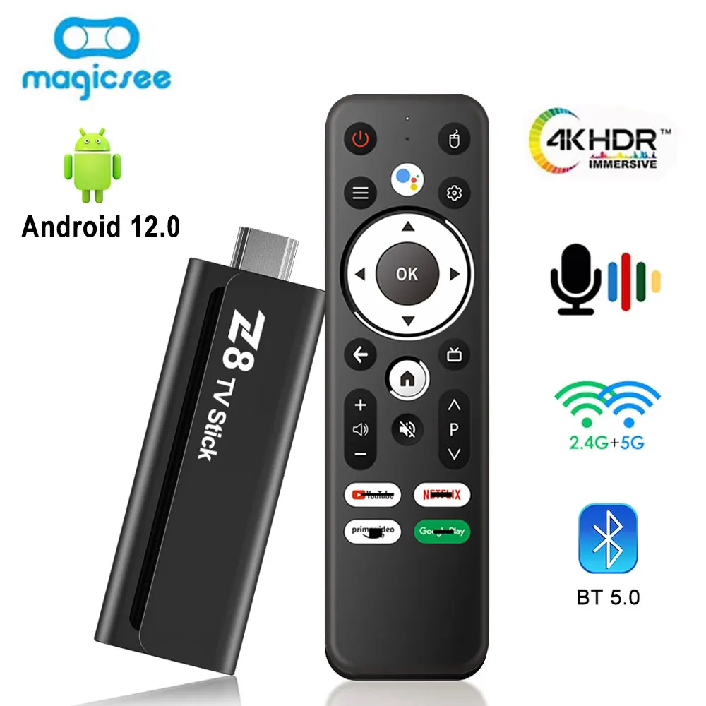 Magicsee Smart Android TV Stick Z8 с двумя Wi-Fiми BT5.2 Google Assistant 4K HDMI-совместимый 2.0 Легкий портативный медиаплеер