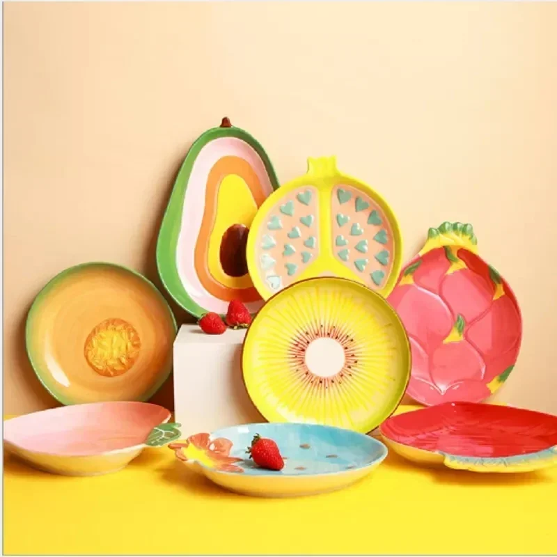 Ceramic Fruit Shaped Creative Plate Salad Candy Fruit Dried Snacks Grid Plate Snack Bowl Children's Dish Dinner Japanese
