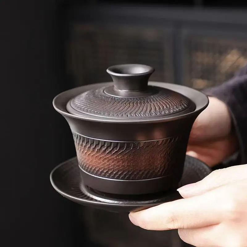 Jianshui Purple Pottery Gaiwan Ceramic Handmade Household Kung Fu Tea Set Tea Bowl Cup