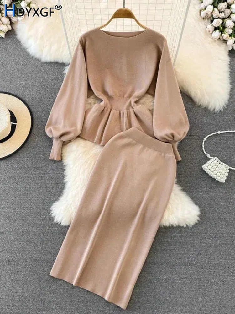 

Women's Vintage Slim Knitted Two Piece Set Elegant O-neck Single Breasted Lantern Long Sleeve High Waist Full Hip Wrap Skirt New