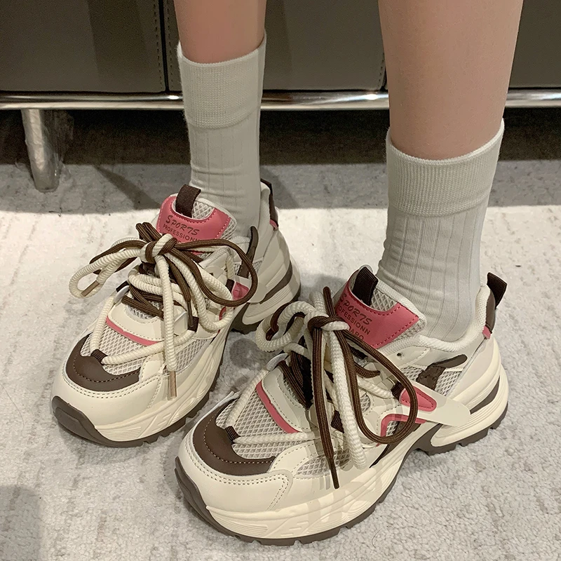 

Женские кроссовки на шнуровке, повседневные сетчатые дышащие кроссовки на толстой подошве, Вулканизированная подошва, весна-осень 2024