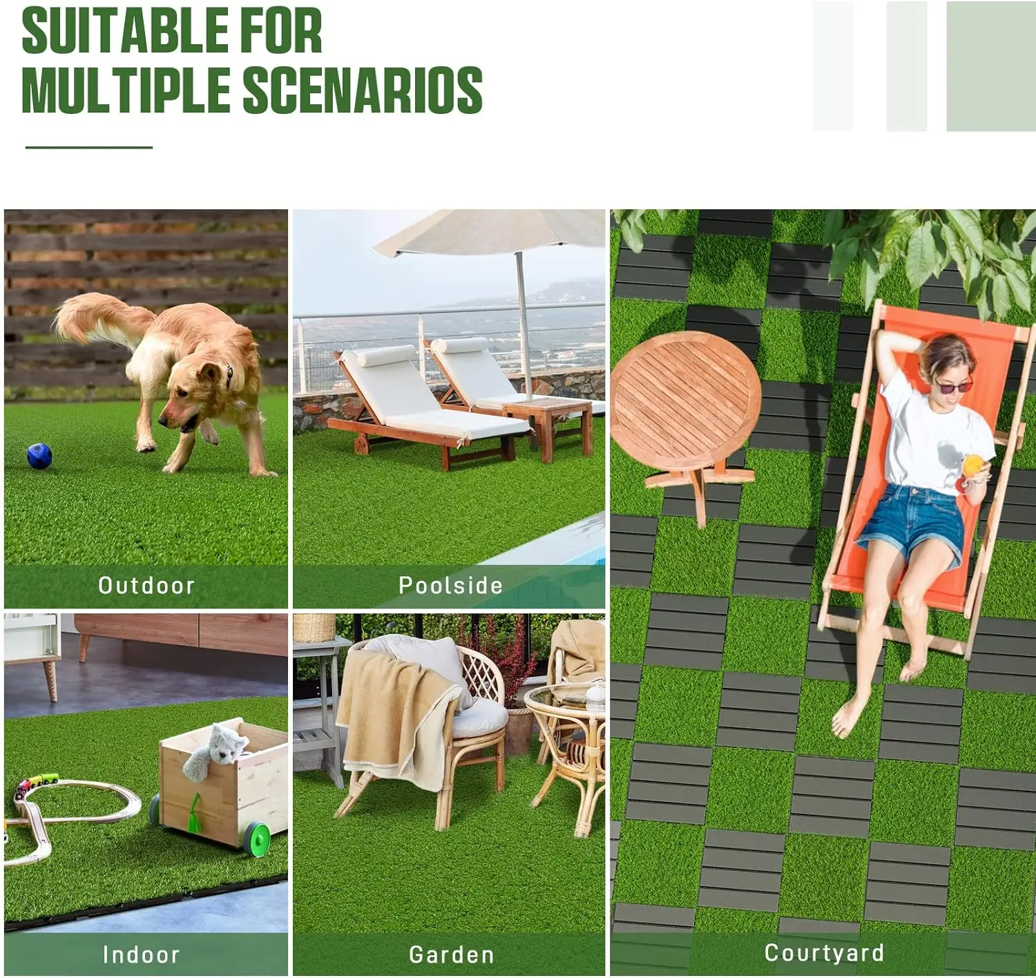 Artificial Grass Tiles Interlocking Turf Deck Set-12"x12" Synthetic Fake Grass Self-draining Mat Flooring Decor Pad for