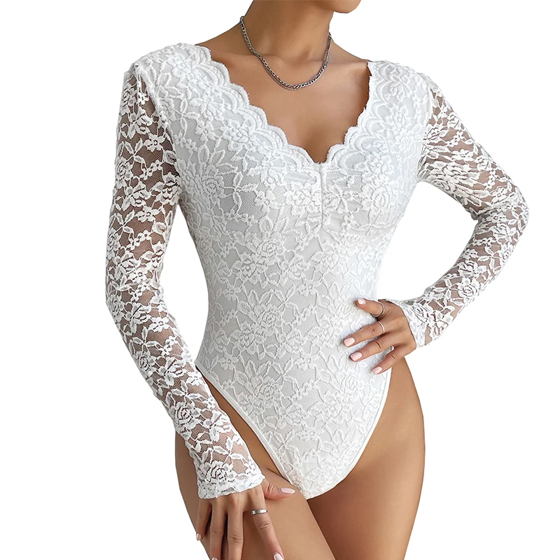CHILLGIO Frauen Spitze Kombination Bodys Bodycon Overalls Mode Elegante Sexy Catsuits Herbst Lange Ärmel Floral Strampler – Detail 11