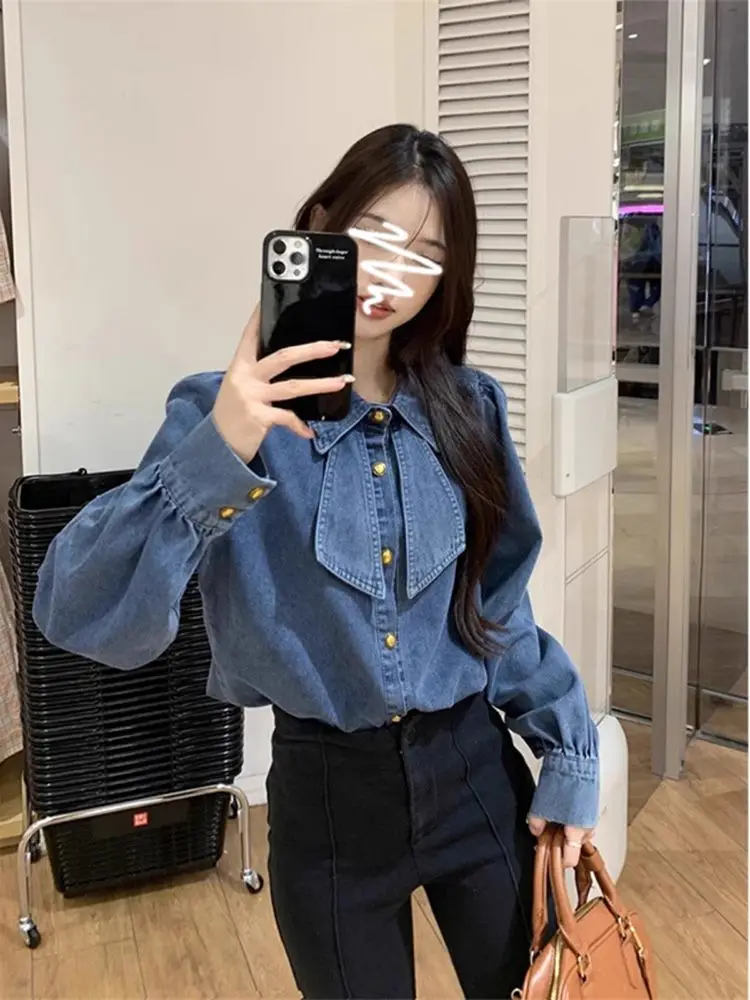 Korea Denim Women Shirts Bows Sweet Solid Korean Fashion Basics Blouses Elegant Casual Loose Blusas