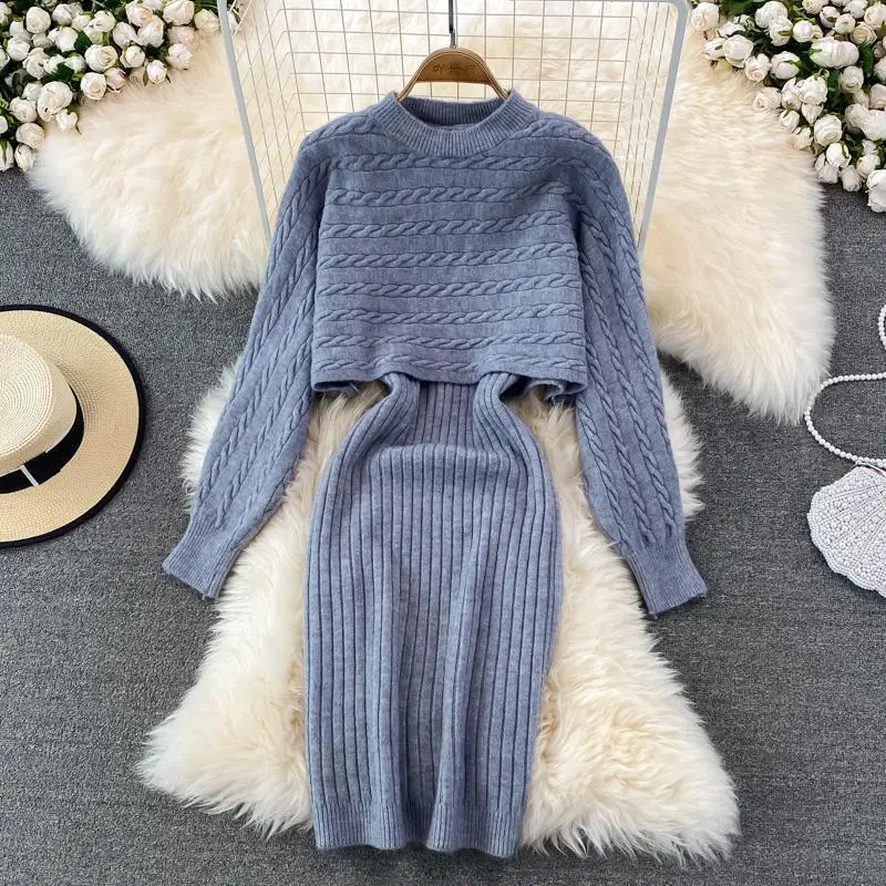 Two-piece Dress Women 2024 Spring and Autumn Loose Round Neck Short Knit Top & Casual Camisole Vest Skirt Slim Fit Long Dress