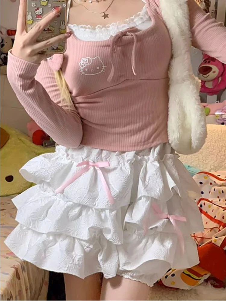 DEEPTOWN  Kawaii Lolita Skirt Women Rufflues Patchwork Irregular High Waist Cute Mini Skirt Harajuku Japanese Style Soft Girl