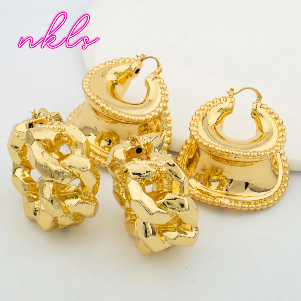 2PairsWomenDubaiGoldPlatedEarringsGoldColorHoopUnusual