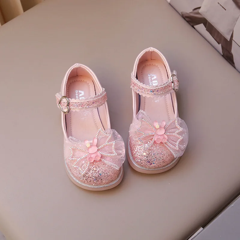 

2024 Girls Princess Leather Shoes Spring/autumn Children's Flats Fashion Glitter Bowtie Kids Causal Mary Jane Shoes for Party