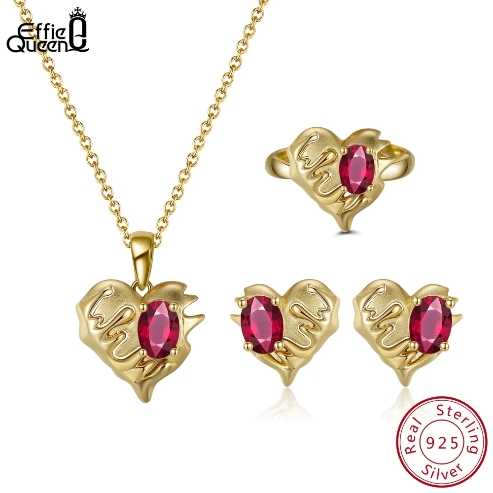 

Effie Queen Genuine Natural Garnet Heart Necklace/Earrings/Ring Set 14K Gold Plated Real 925 Sterling Silver Jewelry Set SSGM06