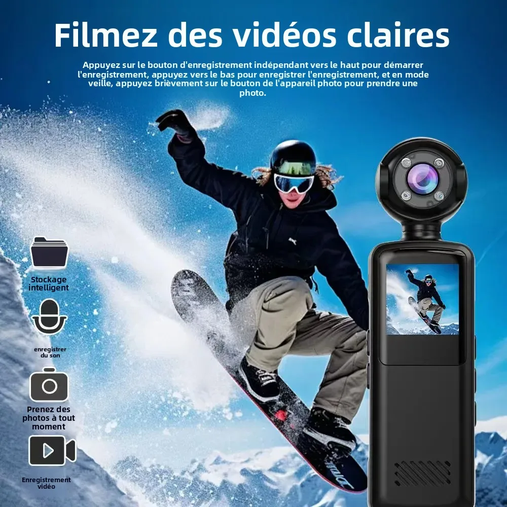 Caméra d'action sportive 1080p V6 noire, avec carte mémoire 32 Go insérée, sur fond de paysage montagneux.