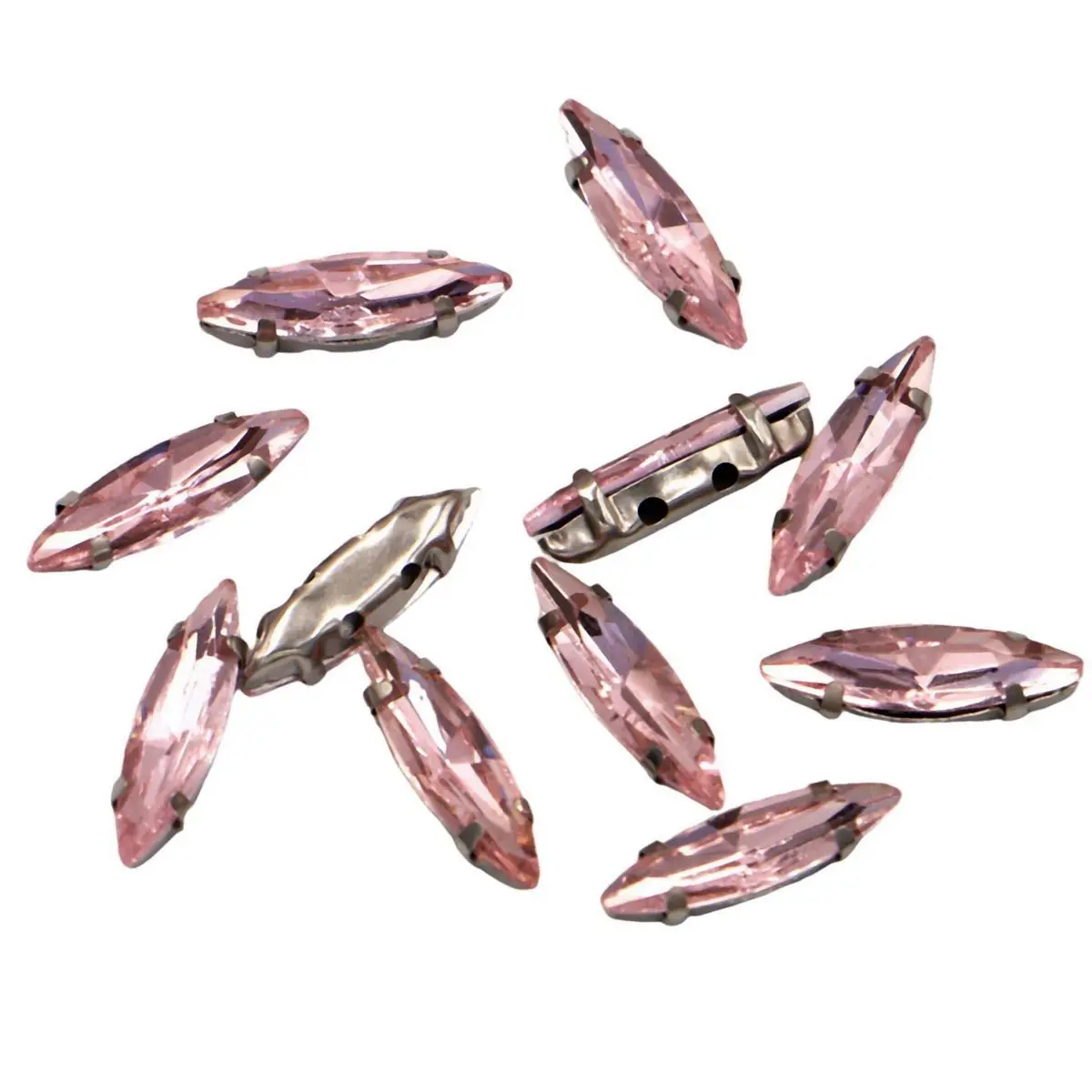 Pack of 20 Glass Sew-On Rhinestones with Claw Setting - Horse Eye Shape on Silver Metal Base