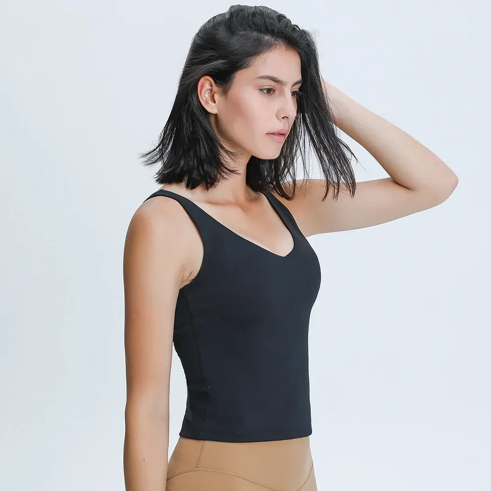 Women's Waist-Length Tank Top Deep V-neck 4-way Stretch Sweat-wicking Yoga Shirt With Removable Cups U-Back Workout  Gym Vest 4