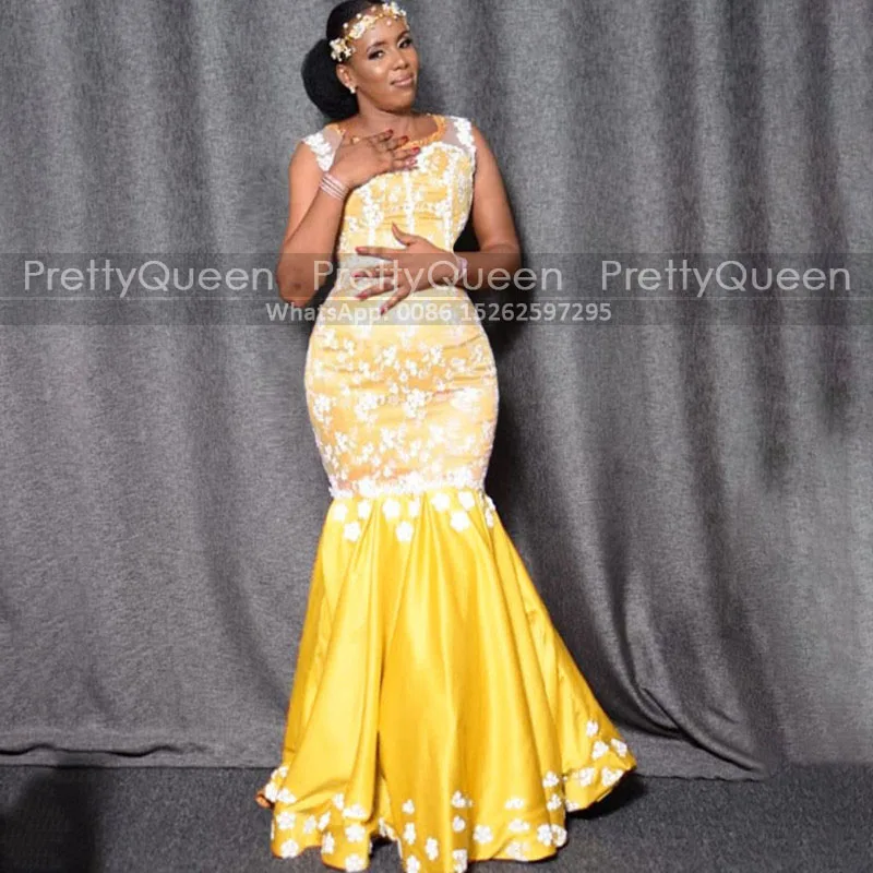 

Sheer Lace Floral Appliques Prom Dresses Long Pleat Mermaid Sleeveless Gold Yellow Satin Plus Size Women Trumpet Dress Formal