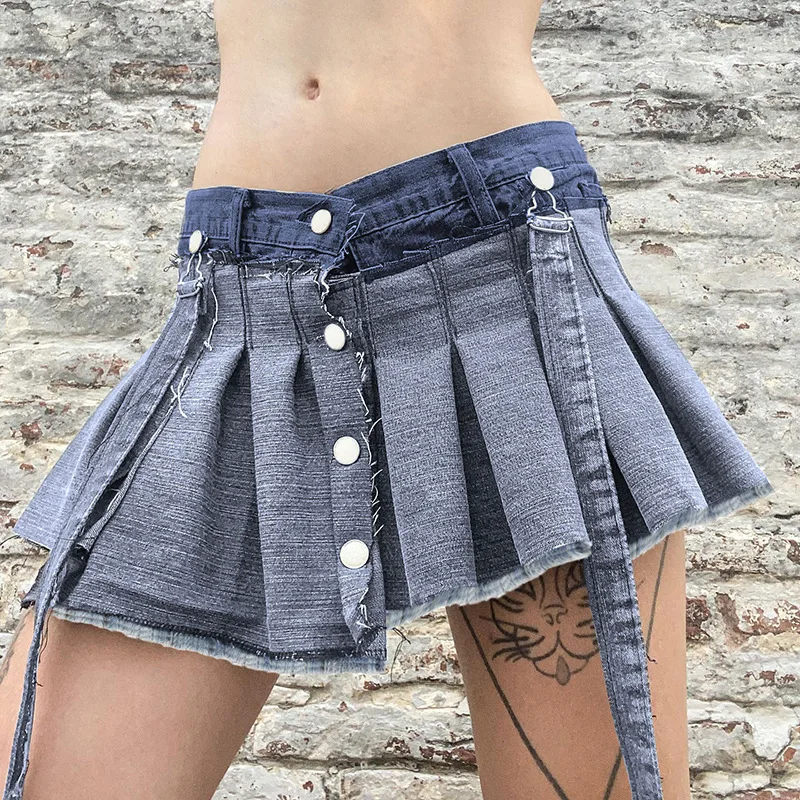 

New Streetwear Denim A Line Mini Skirt 2023 Women High Waist Solid Color Blue Cargo Skirts y2k Pleated Strap Short Skirts