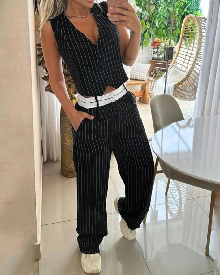 2024 Casual Commuting Two-piece Set Women Striped Print Buttoned V-Neck Sleeveless Vest Top and Splicing Pocket Design Pants Set