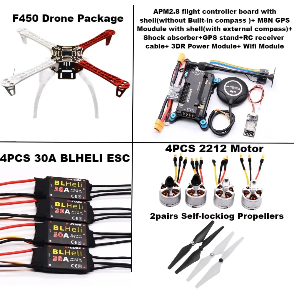 Kit complet Drone F450 APM 2.8 déployé avec GPS, moteurs, ESC et hélices visibles