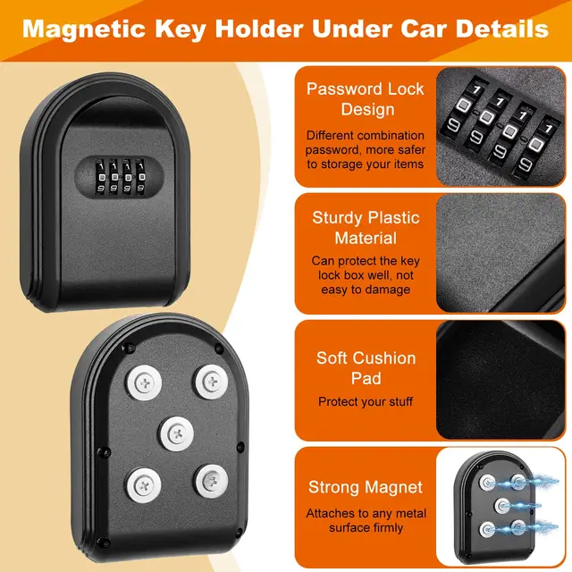 Magnetic Key Box with Combination Lock Car Key Lock Box with Strong Magnet to Hide Spare Keys Indoors Outdoors Magnetic Holder 3