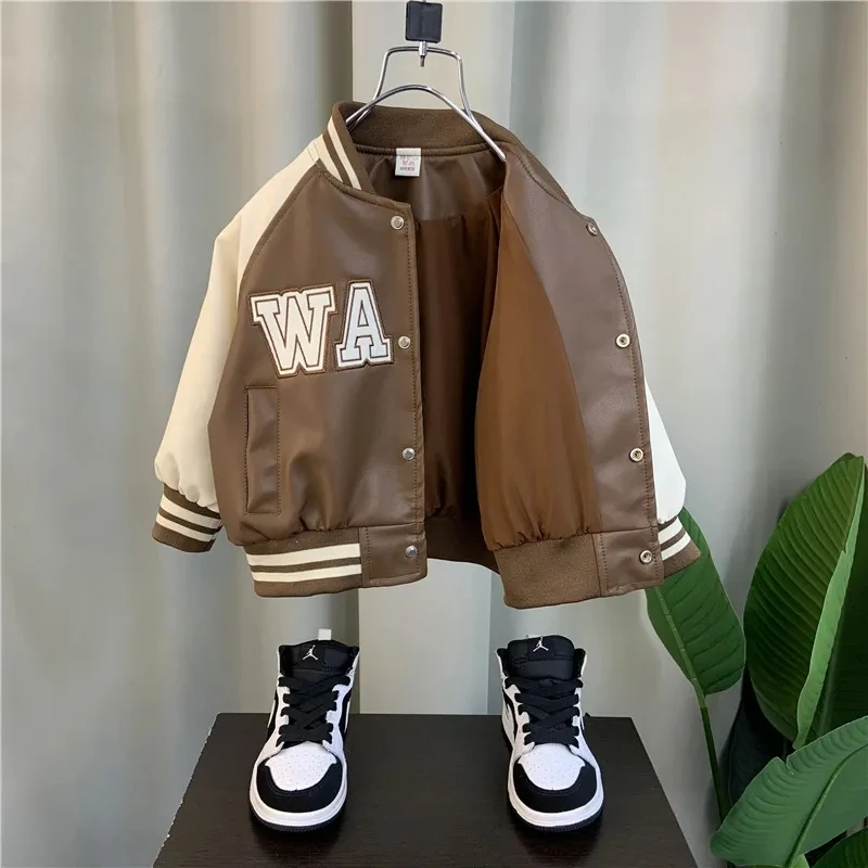 

2-9Y Children's Coat 2023 New Spring and Autumn Boys' Baby Leather Coat Children's Handsome Leather Jacket Top