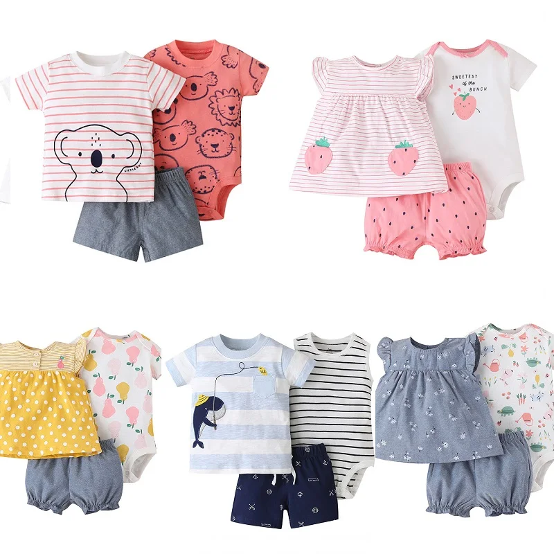 Tenue d'été 3 pièces pour bébé fille et garçon, ensemble T-shirt + batterie + short, tenue trempée pour nouveau-né, 2024