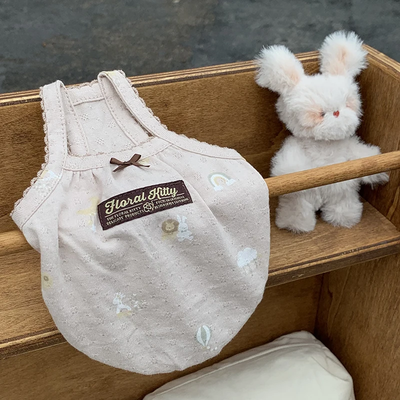 

Летняя одежда для домашних животных, мягкий и легкий Воздухопроницаемый слинг с принтом животных, из чистого хлопка, с кружевным бантом, для кошек и собак