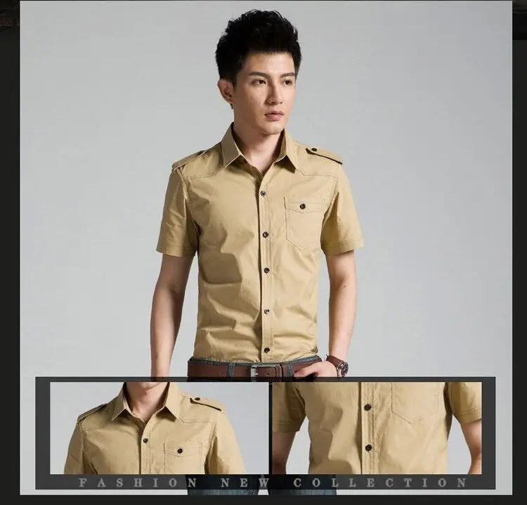 2022 Mens Summer New Men's Military Short Sleeved Shirt Loose Large Shirt Men's Summer Slim Short Sleeved Shirt Green Khaki mens black short sleeve shirt