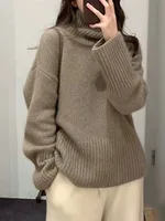 2024 Autumn/Winter New 100% Cashmere Wool Turtleneck Sweater Women's High Neck Knit Pullover Soft Comfortable Top Loose Jumper 1