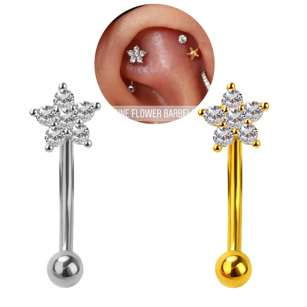 1 Pz In Acciaio Inox Stella Farfalla Fiore Curvo Bilanciere Sopracciglio Rook Piercing Gioielli Helix Stud Cz Daith Orecchino Belly Ring16G