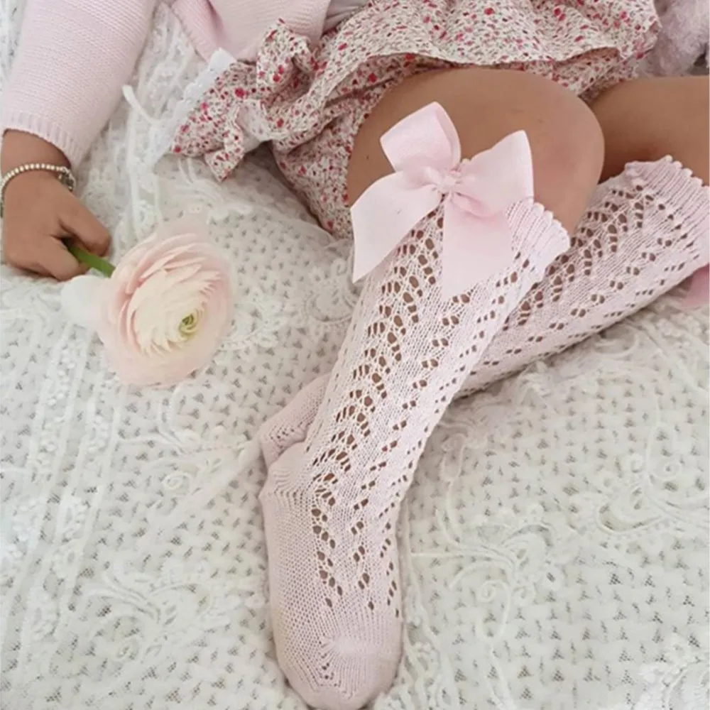 Children Girls Royal Style Bow Knee High Fishnet Socks.Baby Toddler Bowknot In Tube Socks.Kid Hollow Out Sock Sox 0-4Y
