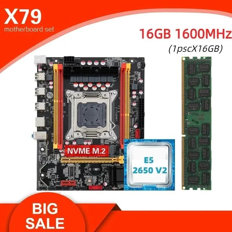 Computer Motherboard Set Kllisre X79 Motherboard Kit Combos XEON E5 2650 V2 LGA 2011 CPU 1pcs 16GB Memory DDR3 1600 ECC RAM